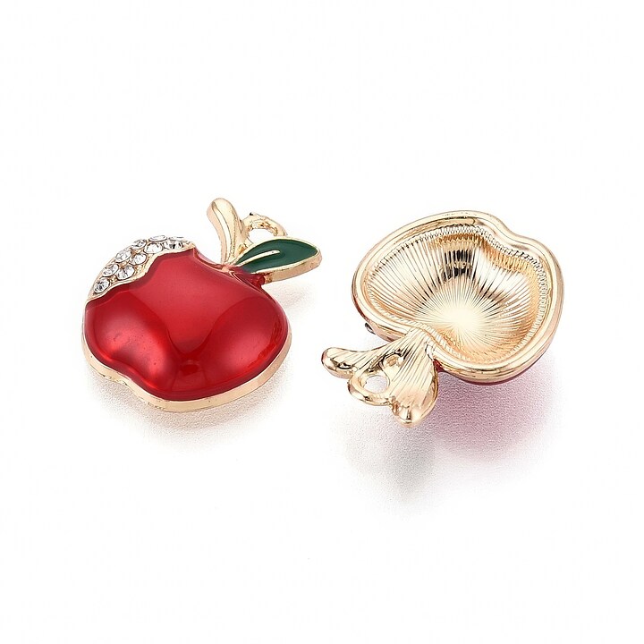 Charm mini pandantiv auriu emailat cu strasuri albe, mar rosu 16x13mm