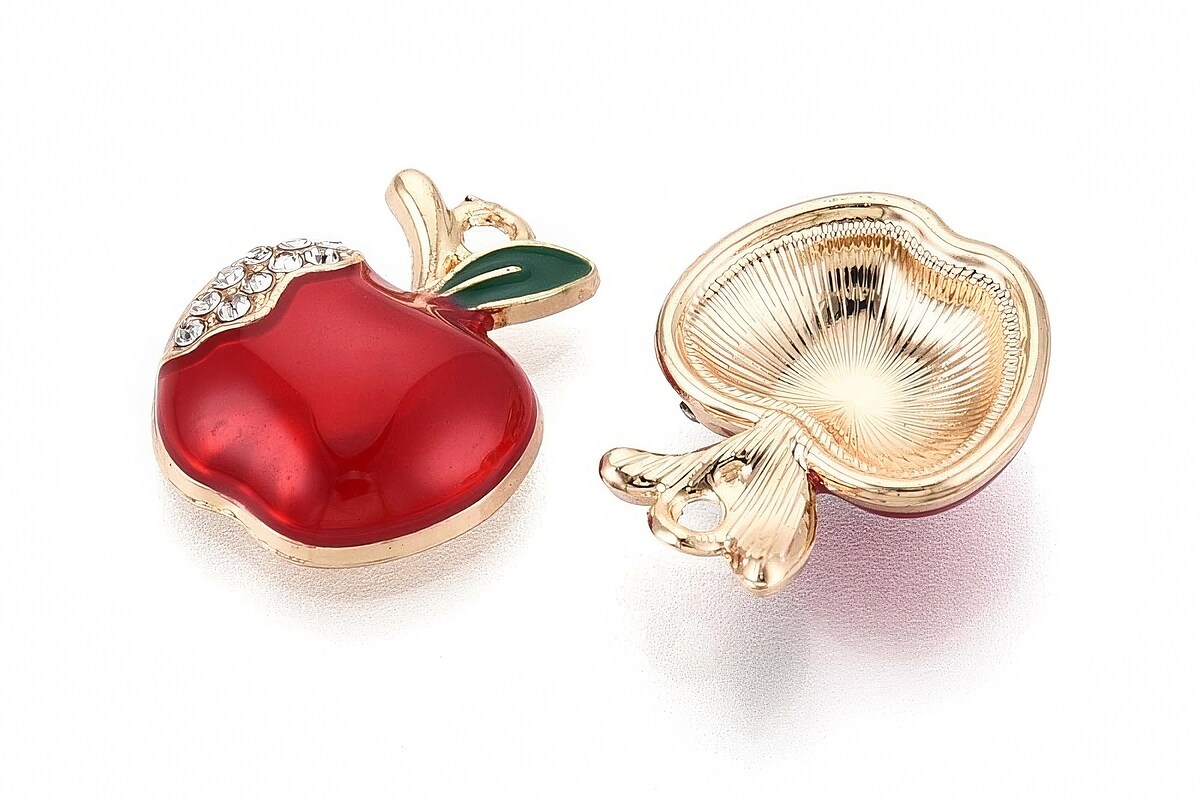 Charm mini pandantiv auriu emailat cu strasuri albe, mar rosu 16x13mm