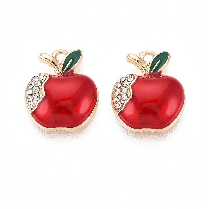 Charm mini pandantiv auriu emailat cu strasuri albe, mar rosu 16x13mm