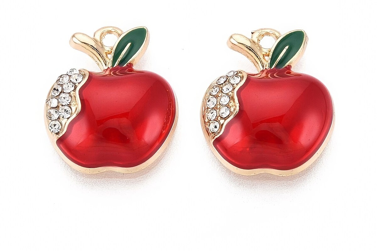 Charm mini pandantiv auriu emailat cu strasuri albe, mar rosu 16x13mm