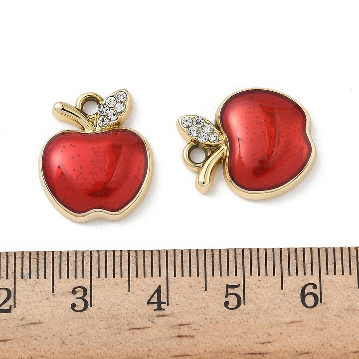 Charm mini pandantiv auriu emailat cu strasuri albe, mar rosu 18x15mm