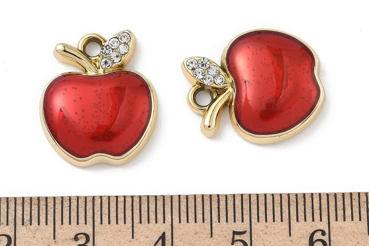 Charm mini pandantiv auriu emailat cu strasuri albe, mar rosu 18x15mm