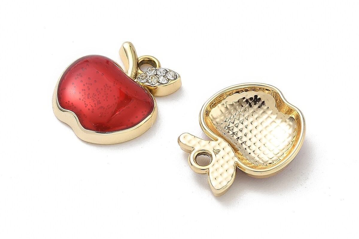 Charm mini pandantiv auriu emailat cu strasuri albe, mar rosu 18x15mm