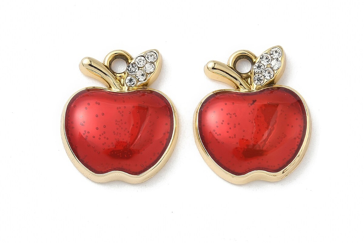 Charm mini pandantiv auriu emailat cu strasuri albe, mar rosu 18x15mm