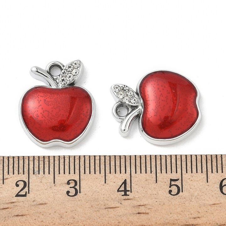 Charm mini pandantiv argintiu inchis emailat cu strasuri albe, mar rosu 18x15mm