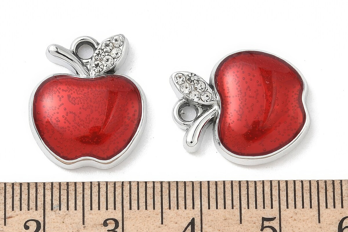 Charm mini pandantiv argintiu inchis emailat cu strasuri albe, mar rosu 18x15mm