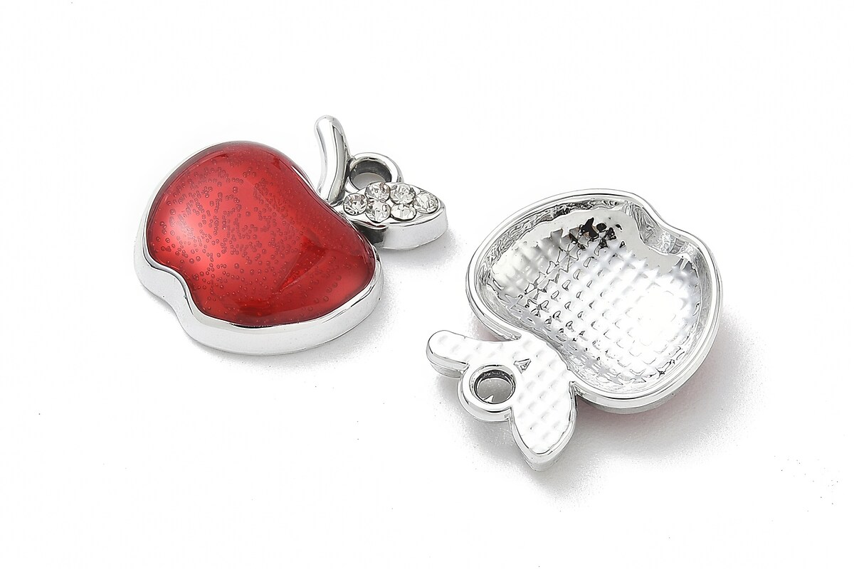 Charm mini pandantiv argintiu inchis emailat cu strasuri albe, mar rosu 18x15mm