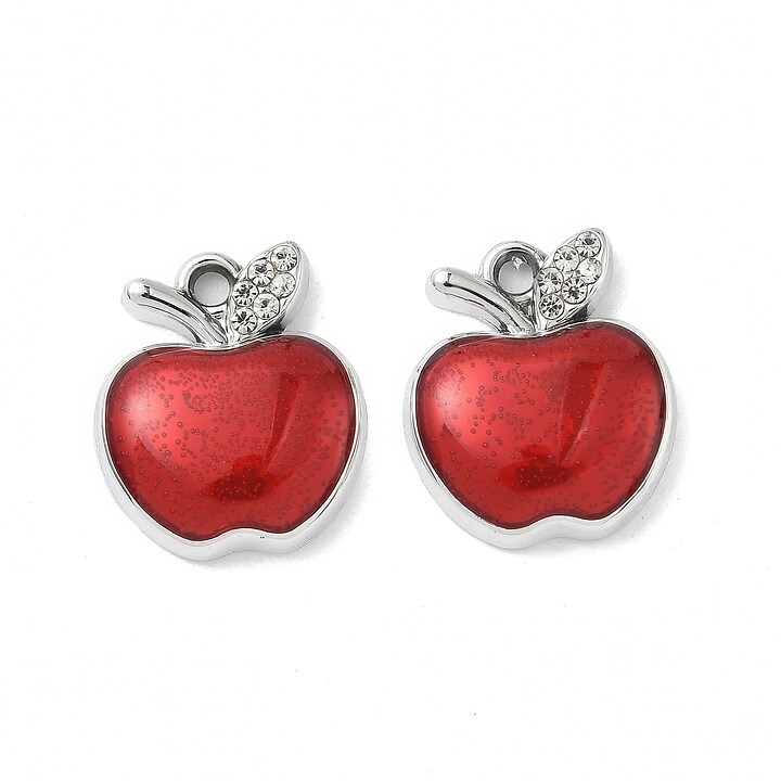 Charm mini pandantiv argintiu inchis emailat cu strasuri albe, mar rosu 18x15mm