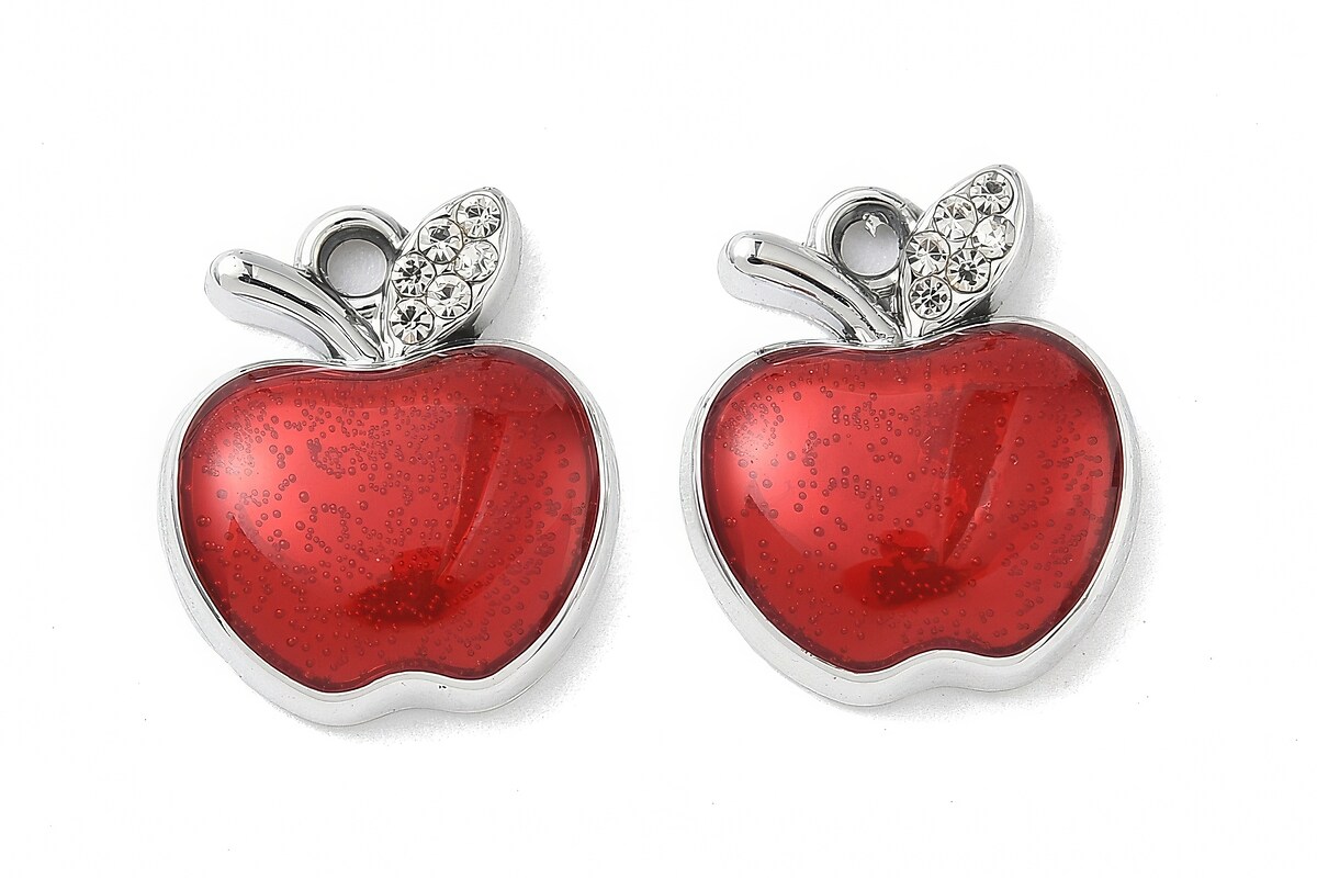 Charm mini pandantiv argintiu inchis emailat cu strasuri albe, mar rosu 18x15mm