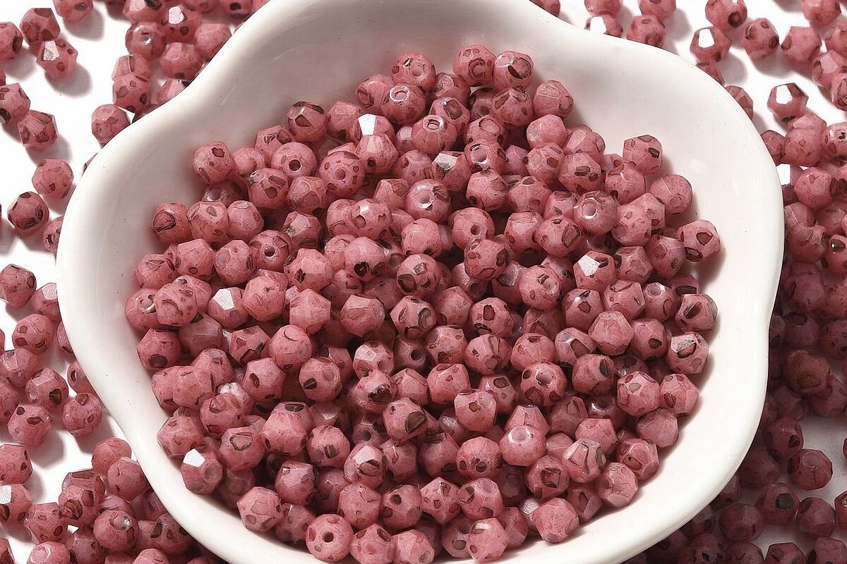 Margele de nisip de sticla Picasso biconice 4,5x4mm (10g) - roz vintage
