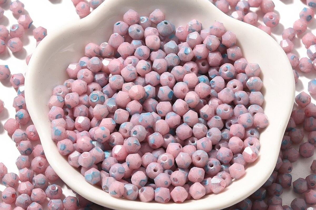 Margele de nisip de sticla Picasso biconice 4,5x4mm (10g) - roz deschis