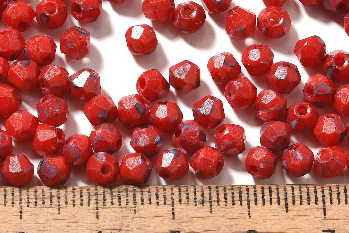 Margele de nisip de sticla Picasso biconice 4,5x4mm (10g) - rosu