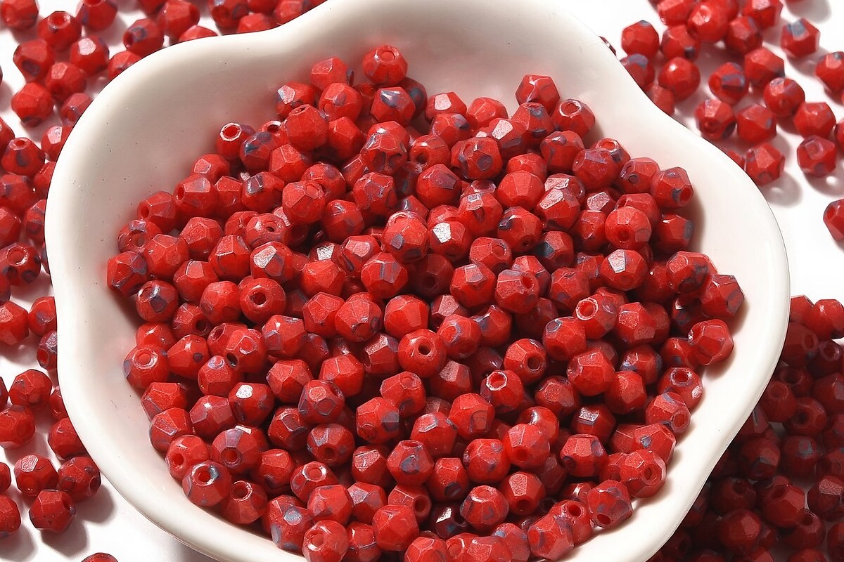 Margele de nisip de sticla Picasso biconice 4,5x4mm (10g) - rosu