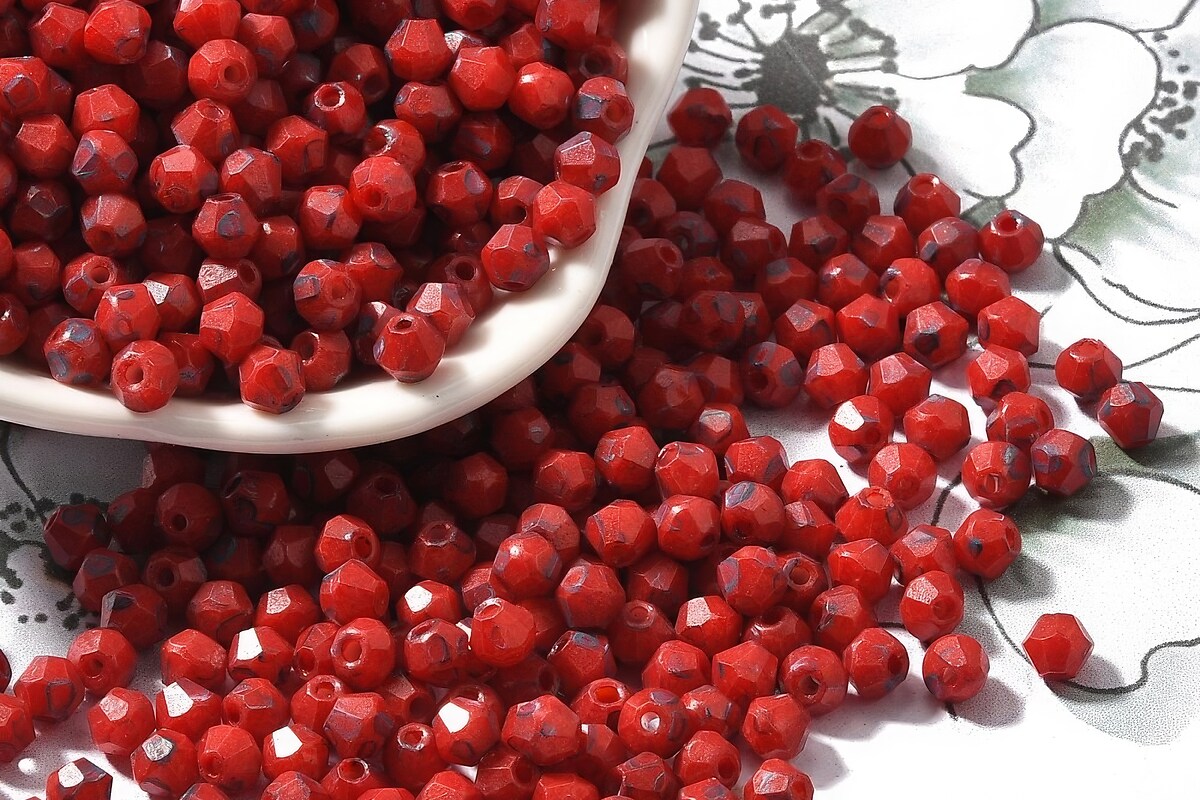 Margele de nisip de sticla Picasso biconice 4,5x4mm (10g) - rosu