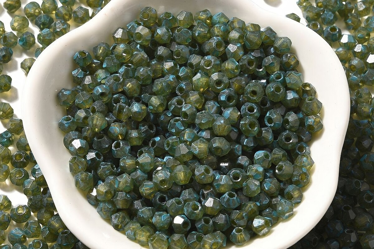 Margele de nisip de sticla Picasso biconice 4,5x4mm (10g) - verde albastrui