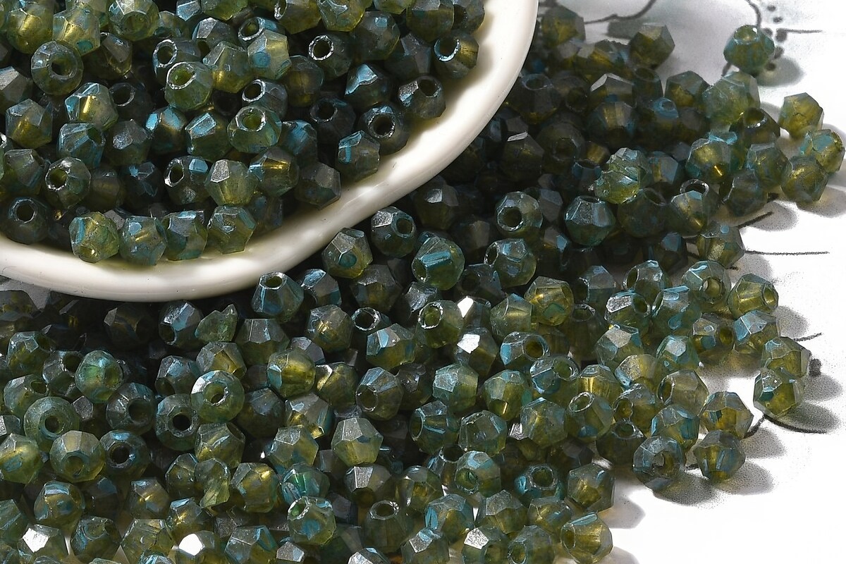 Margele de nisip de sticla Picasso biconice 4,5x4mm (10g) - verde albastrui