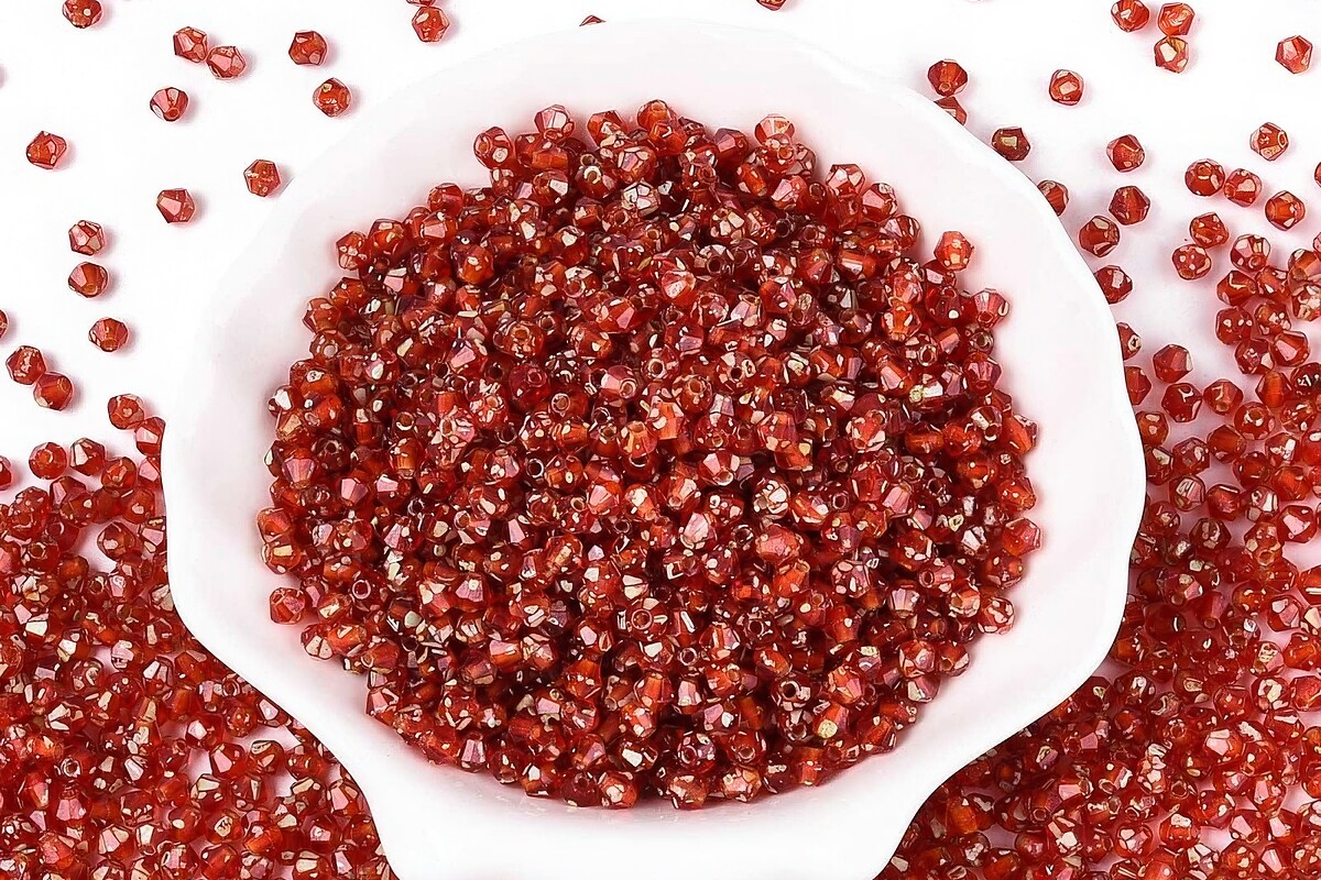 Margele de nisip de sticla Picasso biconice 3,5x4mm (10g) - rosu portocaliu