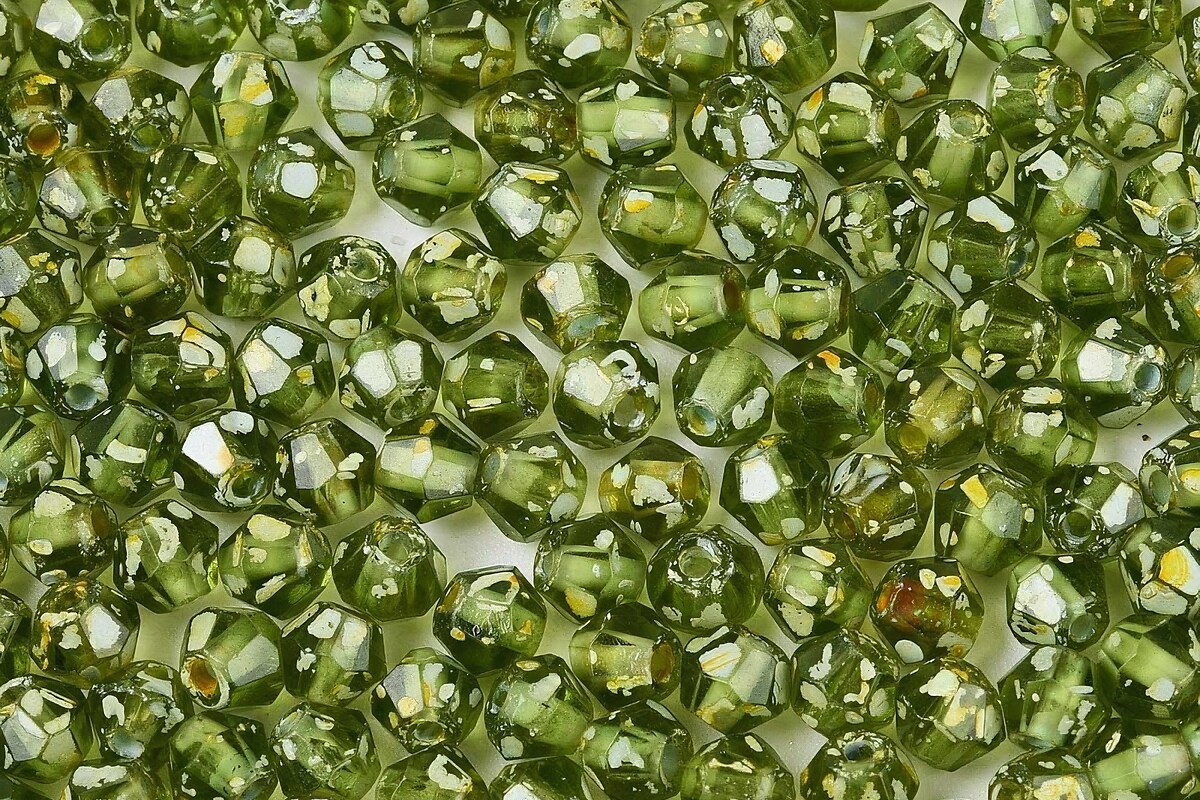 Margele de nisip de sticla Picasso biconice 3,5x4mm (10g) - verde olive