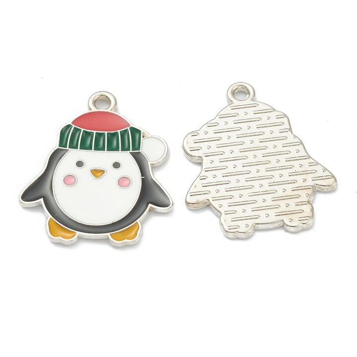 Charm argintiu inchis cu email, model Craciun, pinguin 18,5x22,5mm