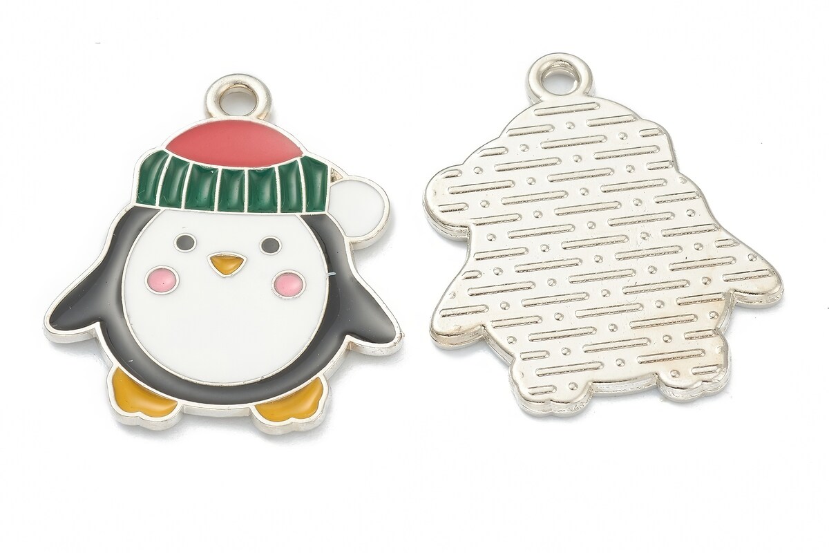 Charm argintiu inchis cu email, model Craciun, pinguin 18,5x22,5mm