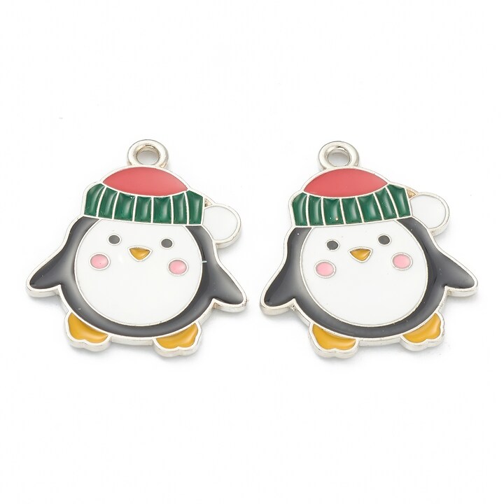 Charm argintiu inchis cu email, model Craciun, pinguin 18,5x22,5mm