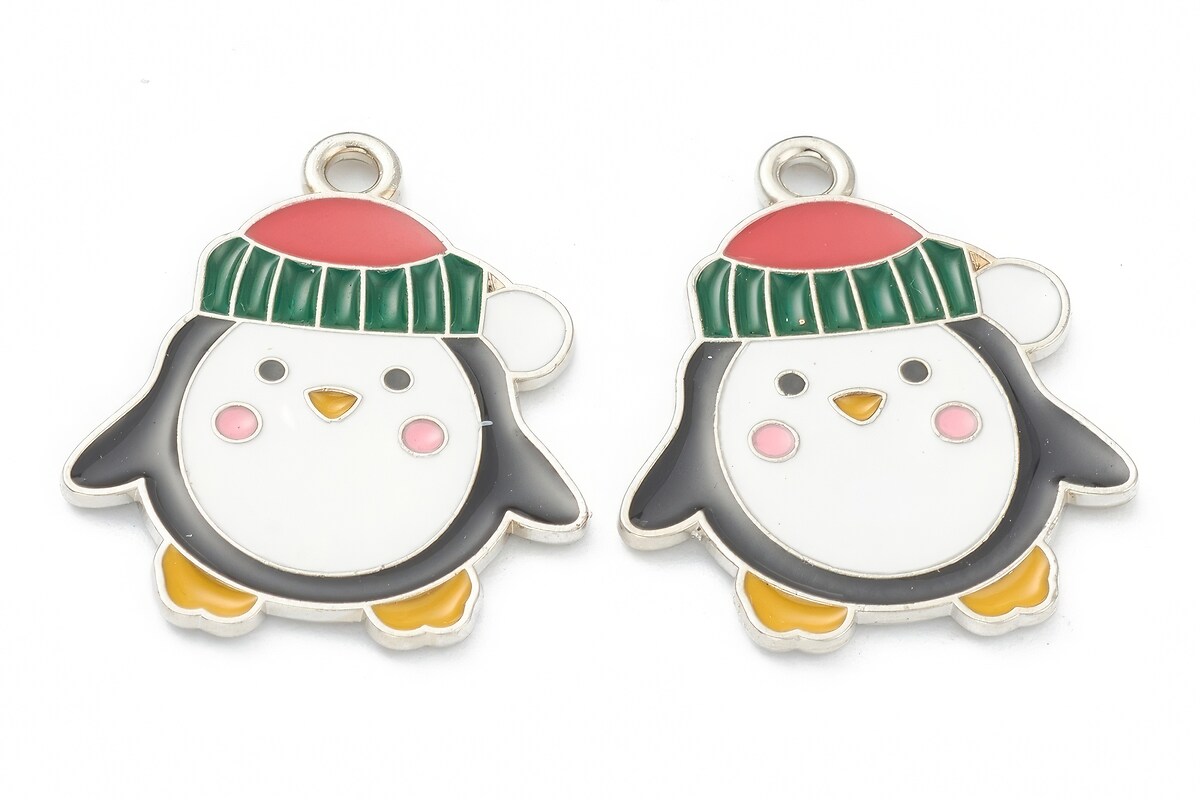 Charm argintiu inchis cu email, model Craciun, pinguin 18,5x22,5mm