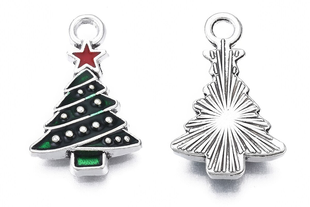 Charm argintiu inchis cu email, model Craciun, brad 21x13mm