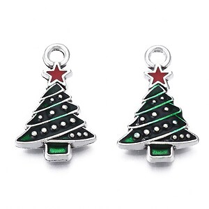 Charm argintiu inchis cu email, model Craciun, brad 21x13mm