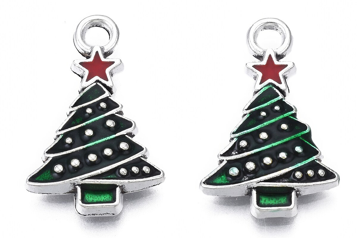 Charm argintiu inchis cu email, model Craciun, brad 21x13mm