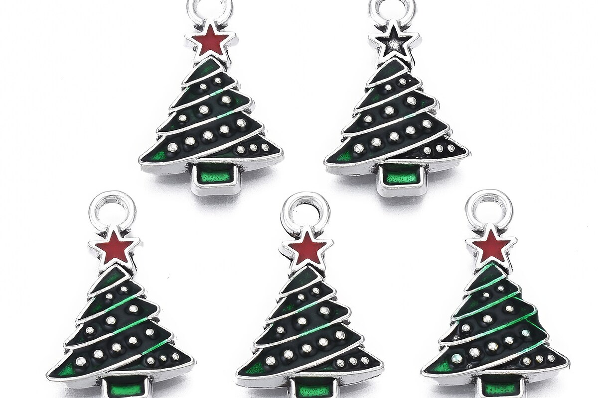 Charm argintiu inchis cu email, model Craciun, brad 21x13mm