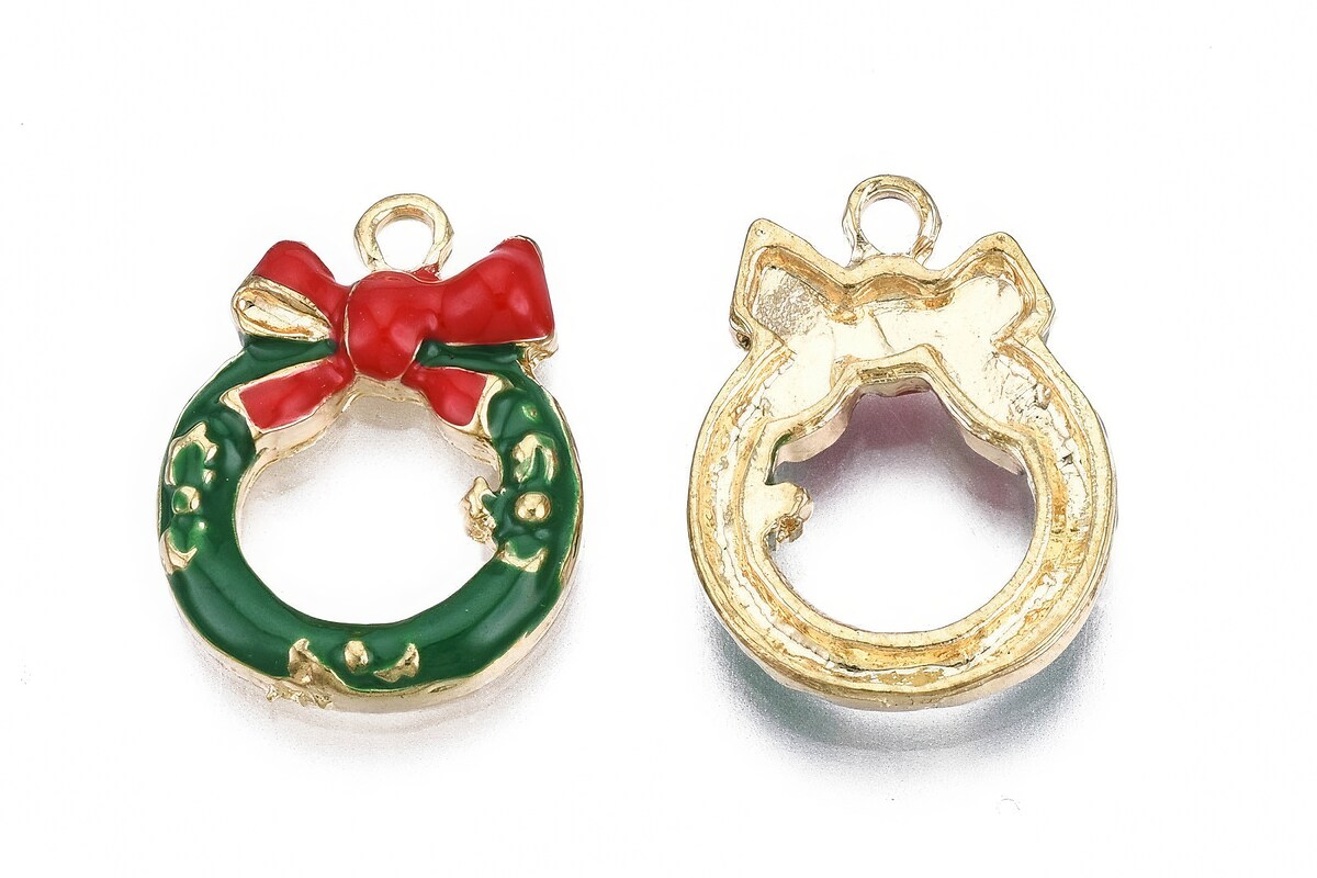 Charm auriu cu email, model Craciun, coronita 18x13mm