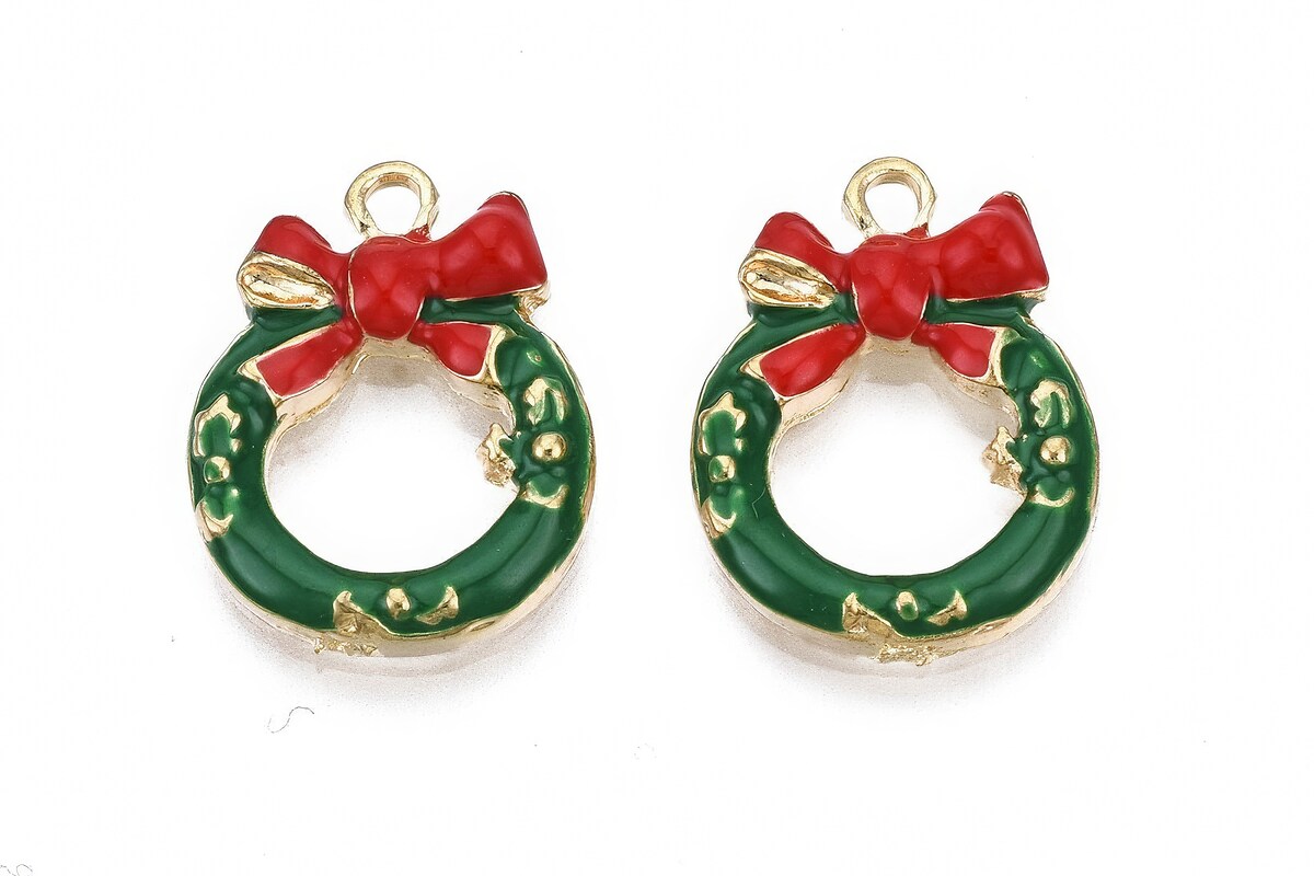 Charm auriu cu email, model Craciun, coronita 18x13mm