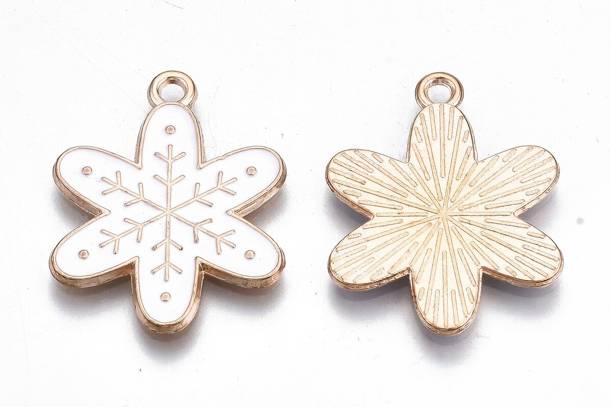 Charm auriu cu email, model Craciun, fulg de nea 24x19mm