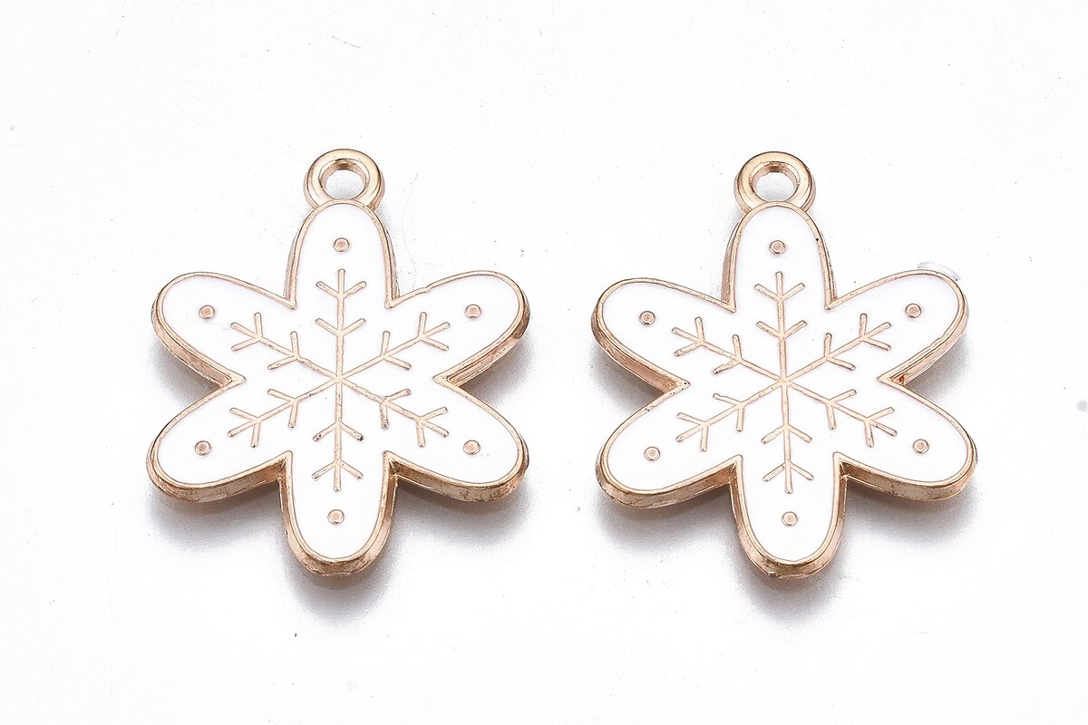 Charm auriu cu email, model Craciun, fulg de nea 24x19mm
