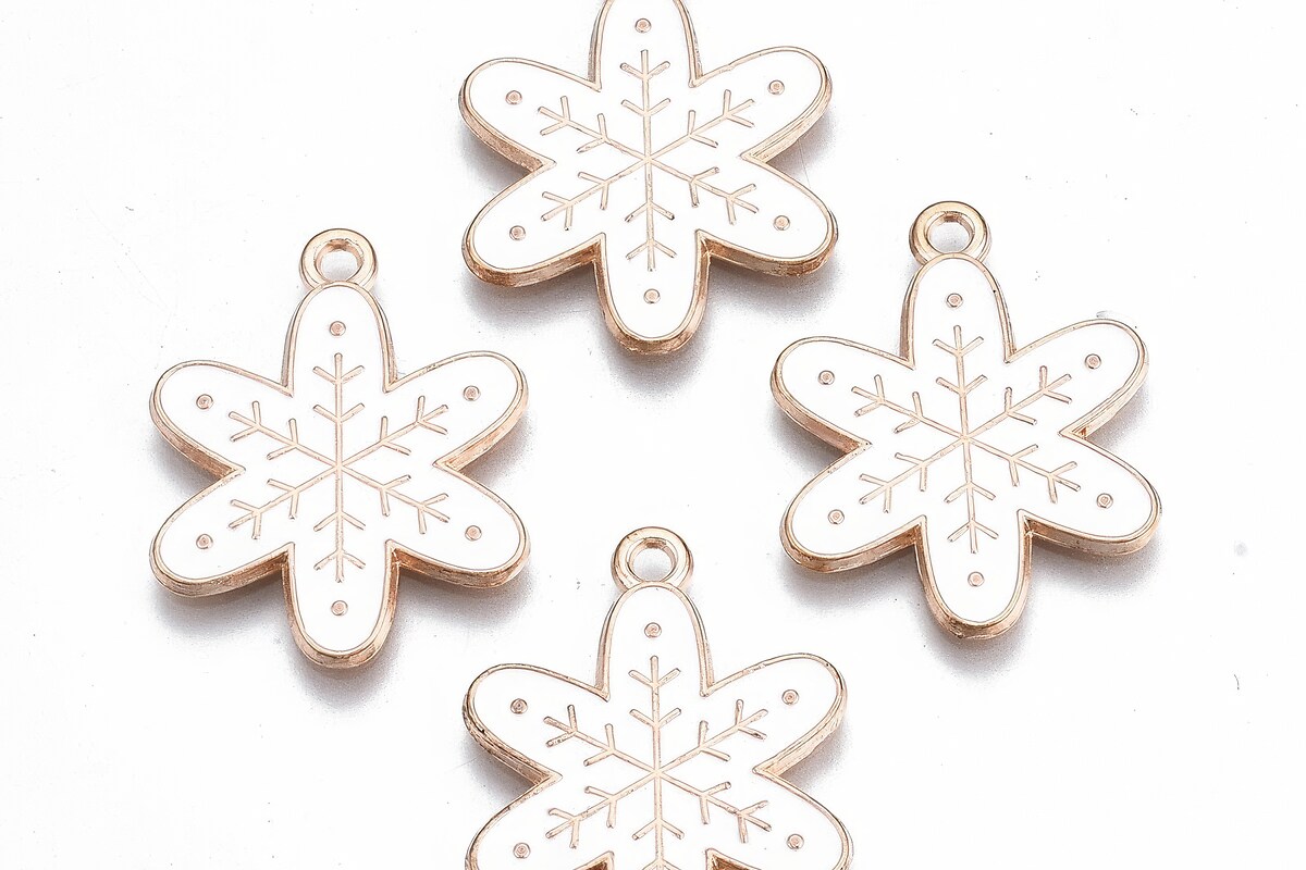 Charm auriu cu email, model Craciun, fulg de nea 24x19mm