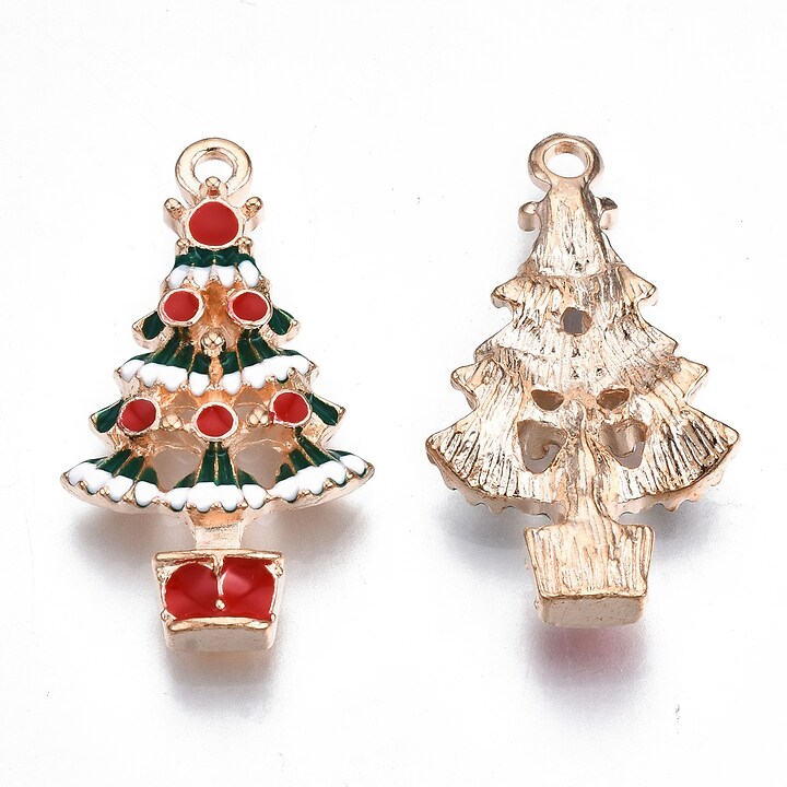 Charm auriu cu email, model Craciun, brad impodobit 29x16mm