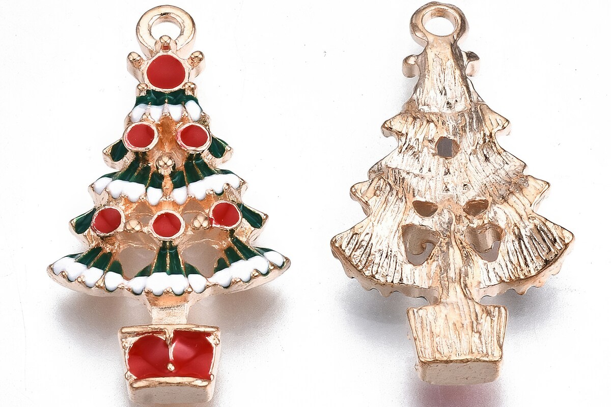 Charm auriu cu email, model Craciun, brad impodobit 29x16mm