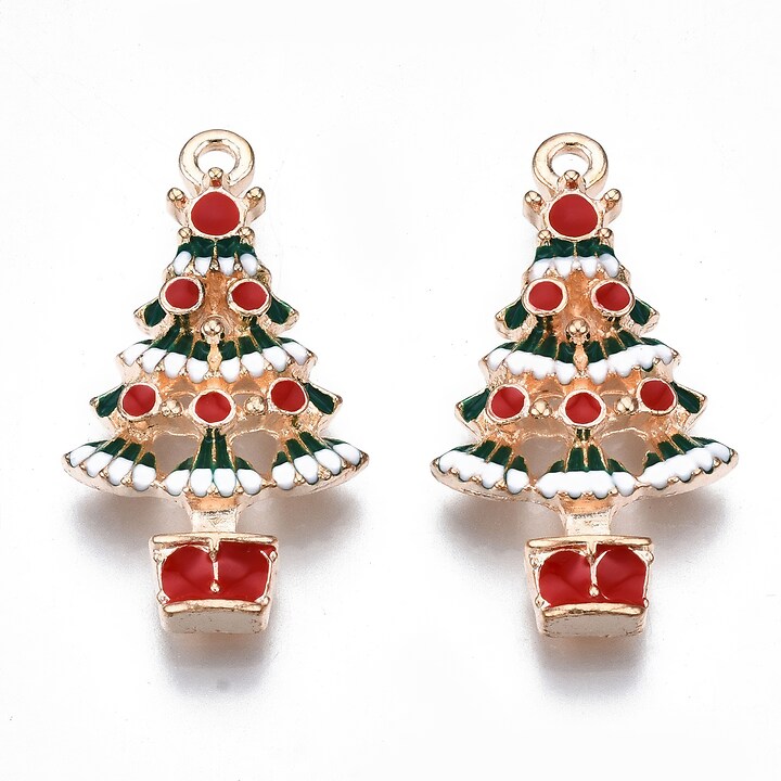 Charm auriu cu email, model Craciun, brad impodobit 29x16mm