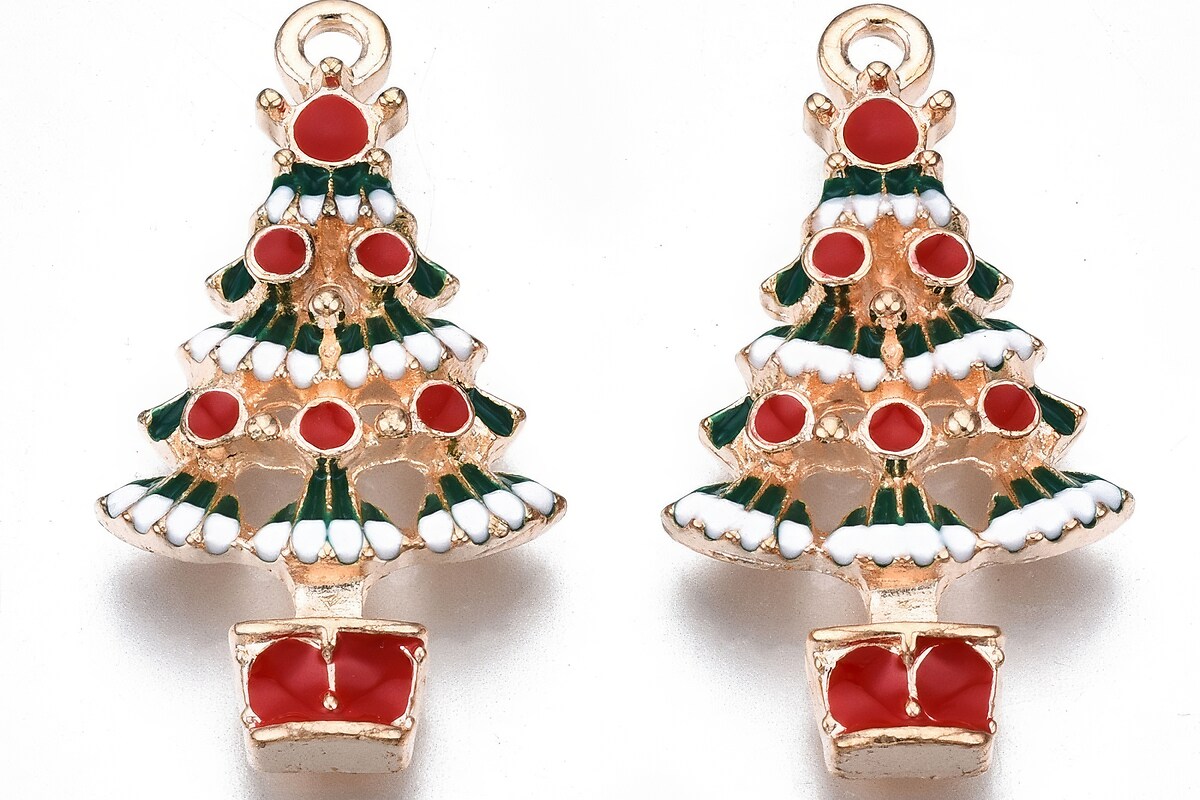 Charm auriu cu email, model Craciun, brad impodobit 29x16mm