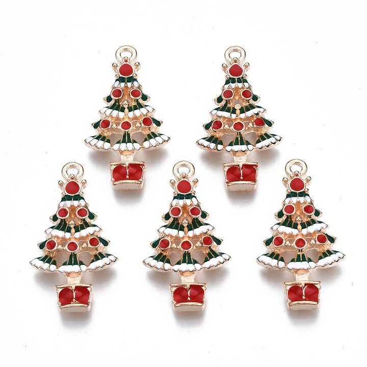 Charm auriu cu email, model Craciun, brad impodobit 29x16mm