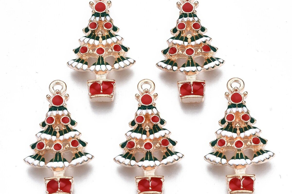 Charm auriu cu email, model Craciun, brad impodobit 29x16mm