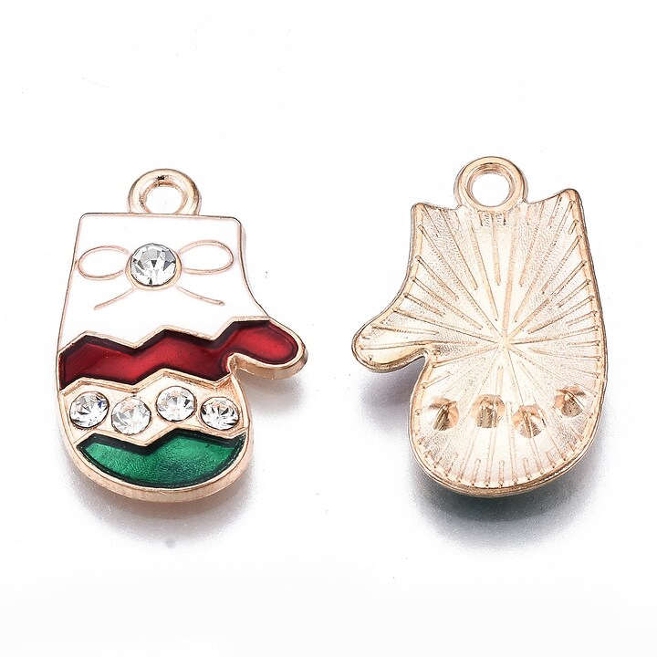 Charm auriu cu email si strasuri albe, model Craciun, manusi 20x13,5mm