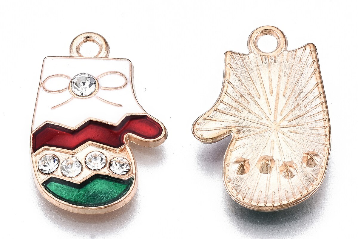 Charm auriu cu email si strasuri albe, model Craciun, manusi 20x13,5mm