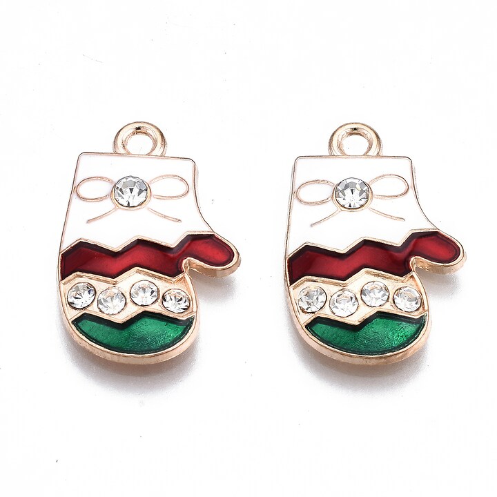 Charm auriu cu email si strasuri albe, model Craciun, manusi 20x13,5mm