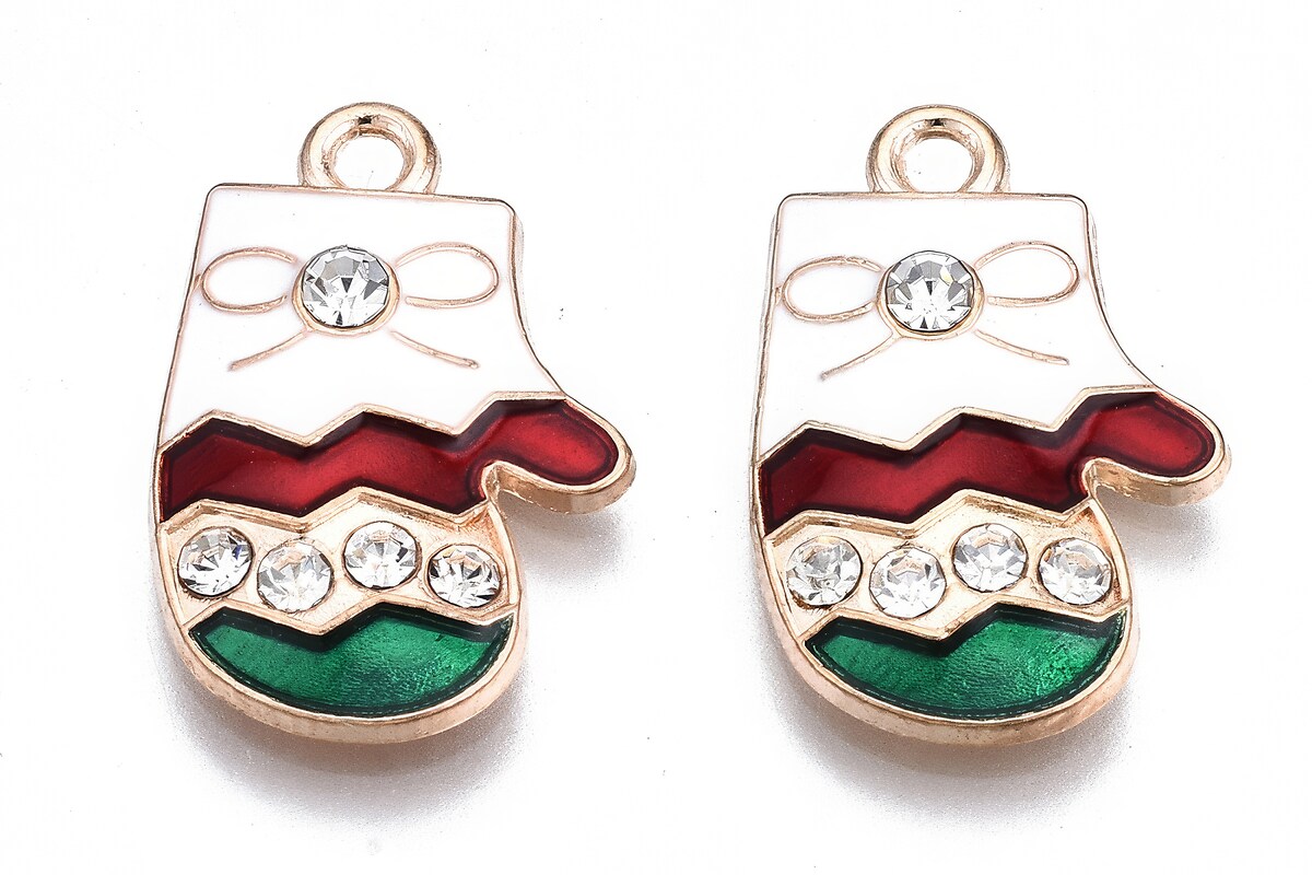 Charm auriu cu email si strasuri albe, model Craciun, manusi 20x13,5mm