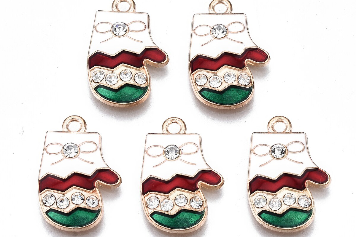 Charm auriu cu email si strasuri albe, model Craciun, manusi 20x13,5mm