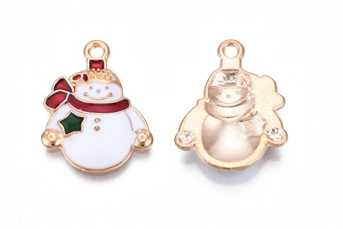 Charm auriu cu email, model Craciun, om de zapada 21,5x16,5mm