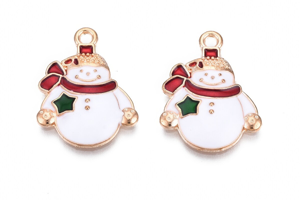 Charm auriu cu email, model Craciun, om de zapada 21,5x16,5mm