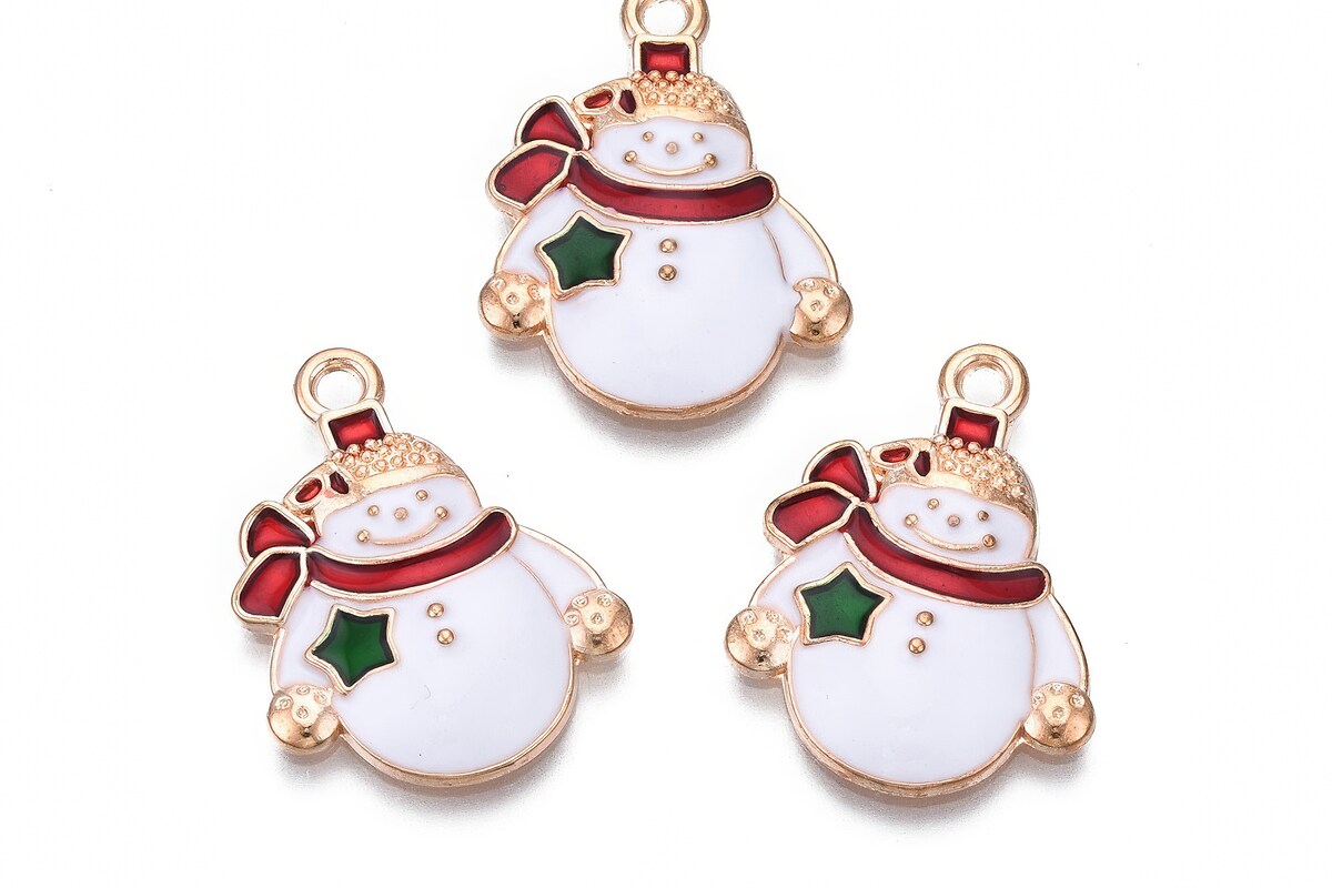 Charm auriu cu email, model Craciun, om de zapada 21,5x16,5mm