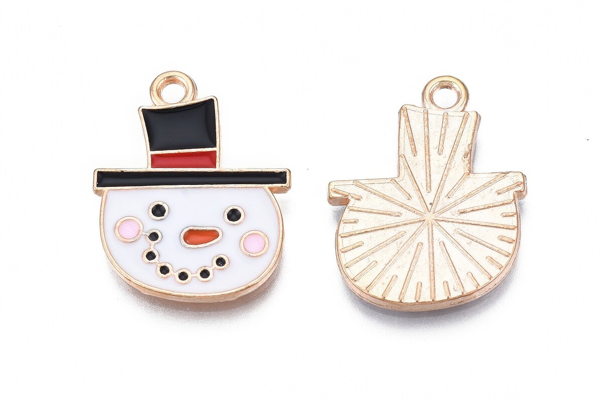 Charm auriu cu email, model Craciun, om de zapada 21x16mm